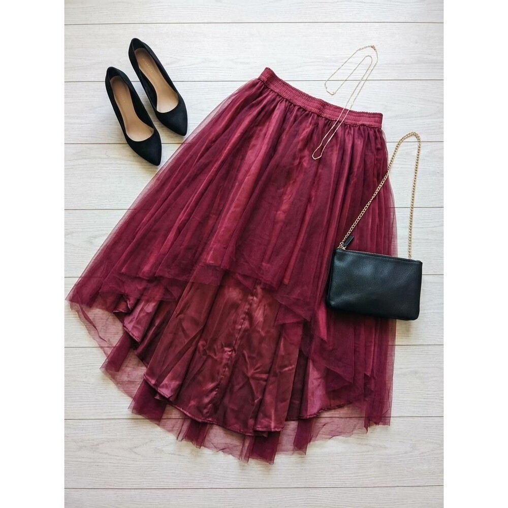 Unbranded High Low Womens Burgundy Red Tulle Skirt Asymmetric Lined Tutu Party - Picture 3 of 7
